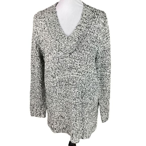 Chaps Sweater Tunic V Neck Black White Knit Silver Metallic Thread Side Slits XL - Picture 1 of 12